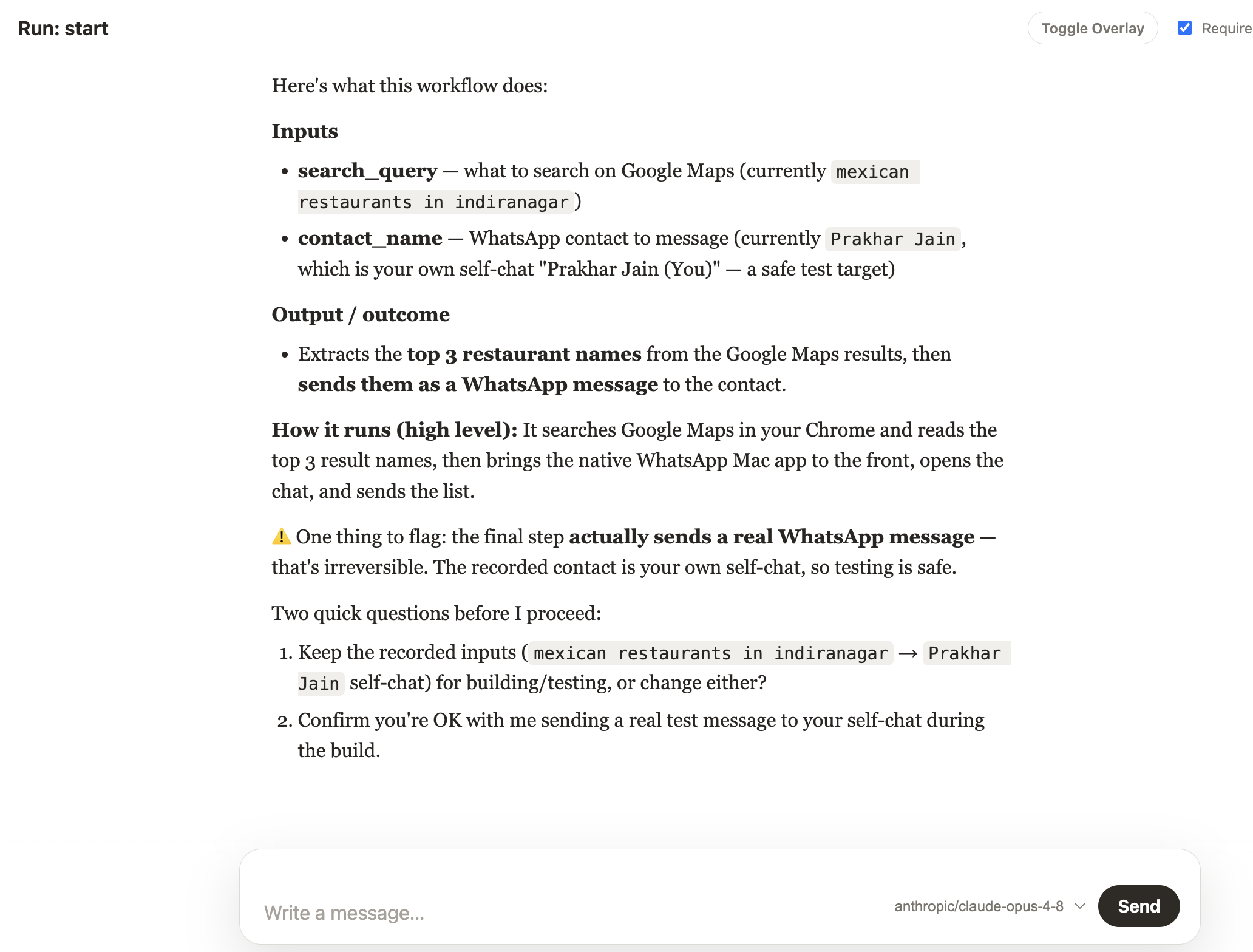 AI Mime skill build chat confirming workflow inputs and outcome