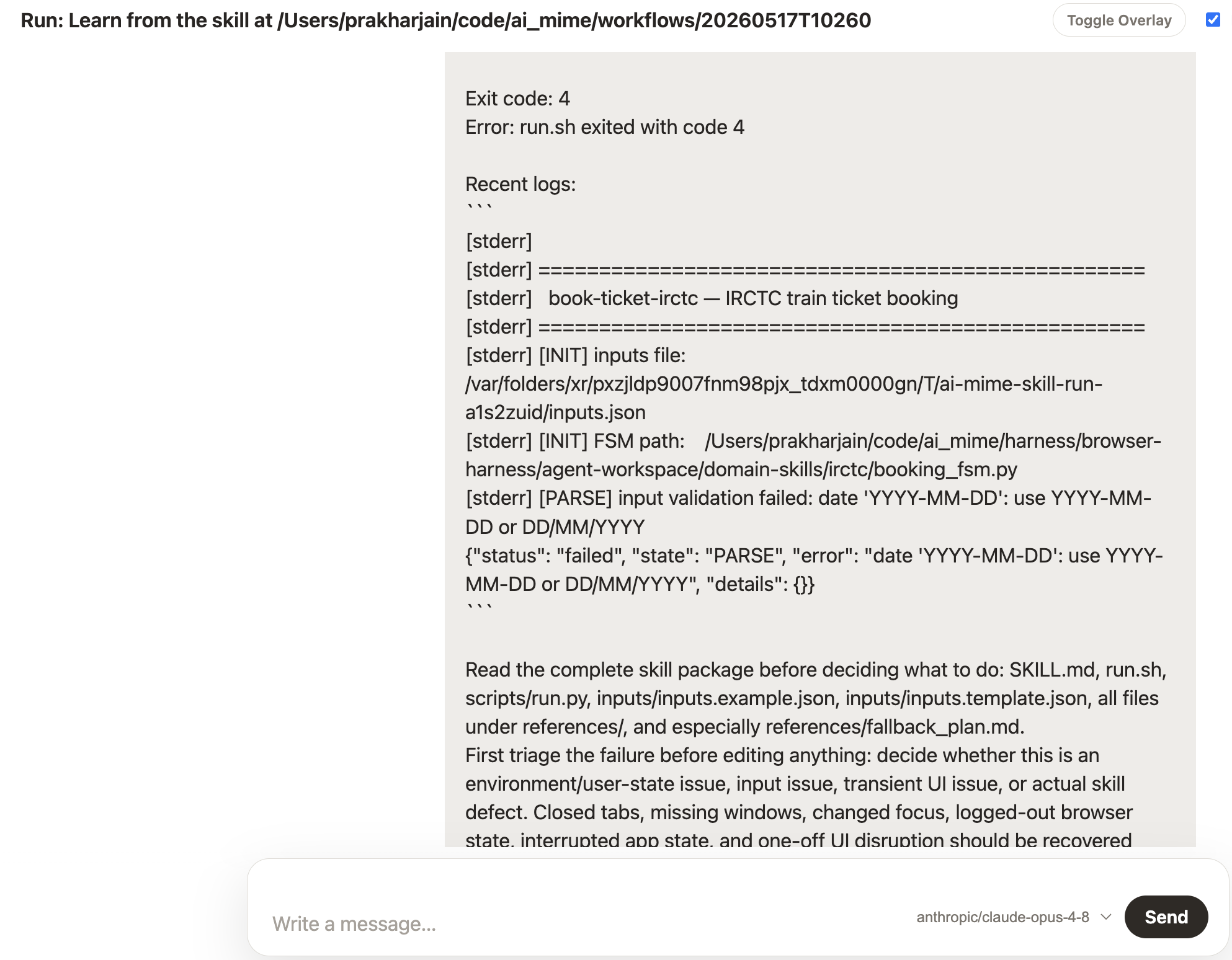 Autohealing screen showing failed run logs and agent recovery instructions
