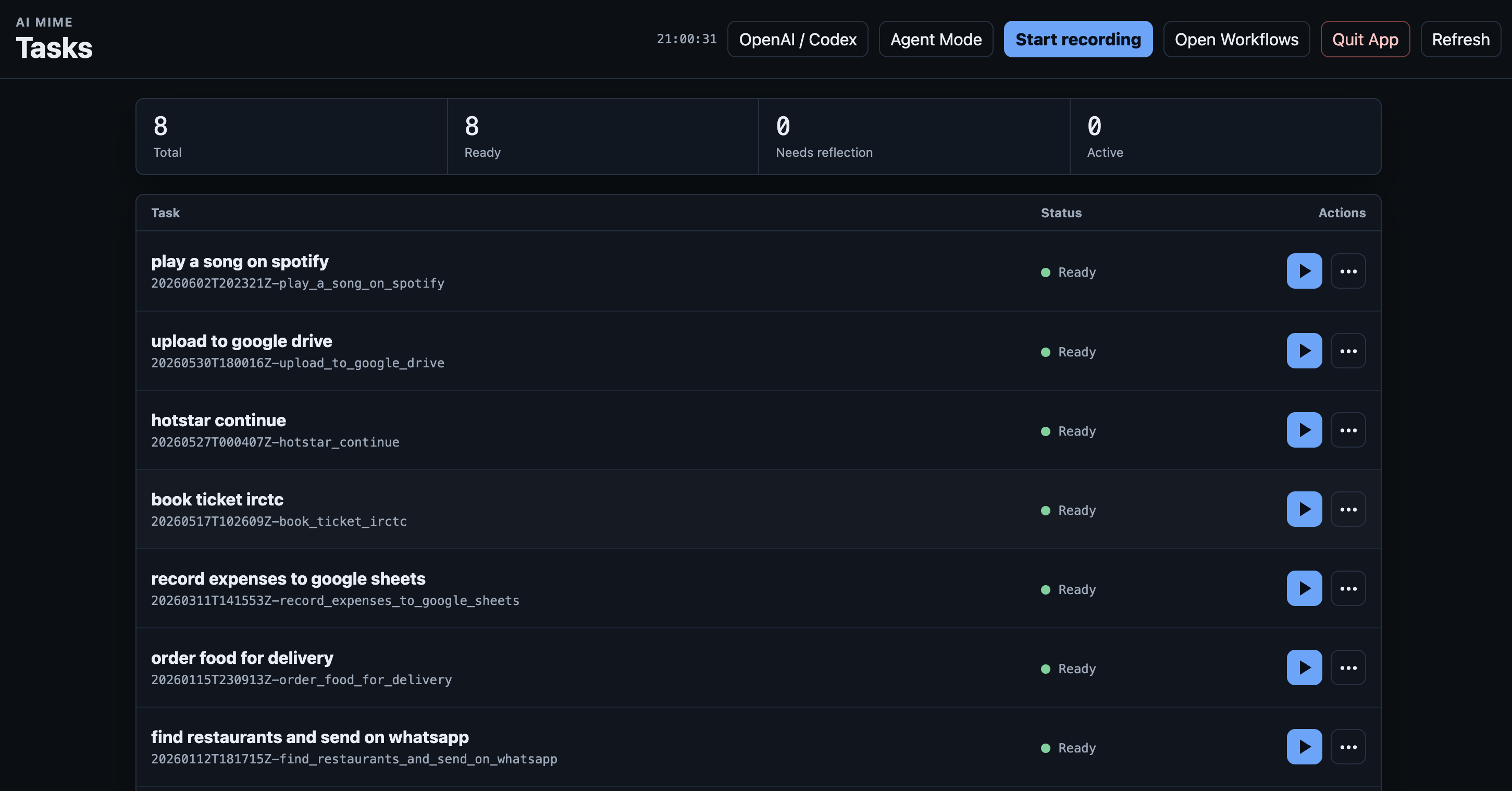 AI Mime tasks dashboard with ready workflows and a start recording button